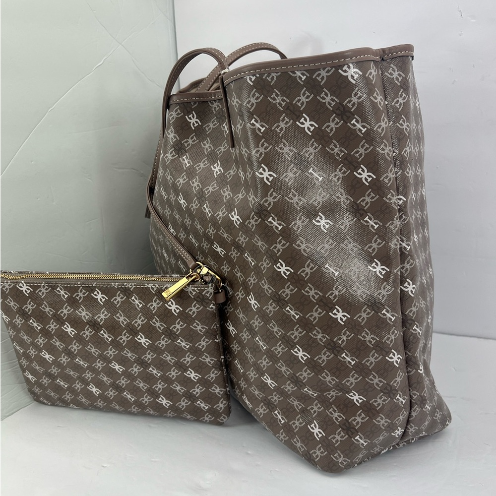 SAM EDELMAN HARPER MONOGRAM SHOPPER TOTE WITH SMALL POUCH, TAUPE COLOR - Picture 3 of 17